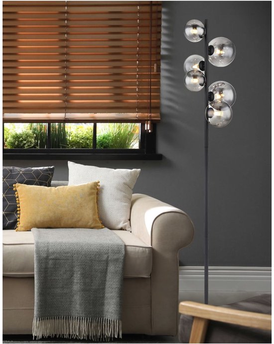 Stehleuchte RIHA Glas 155.0cm Matt Schwarz | Rauch G9 6-flammig