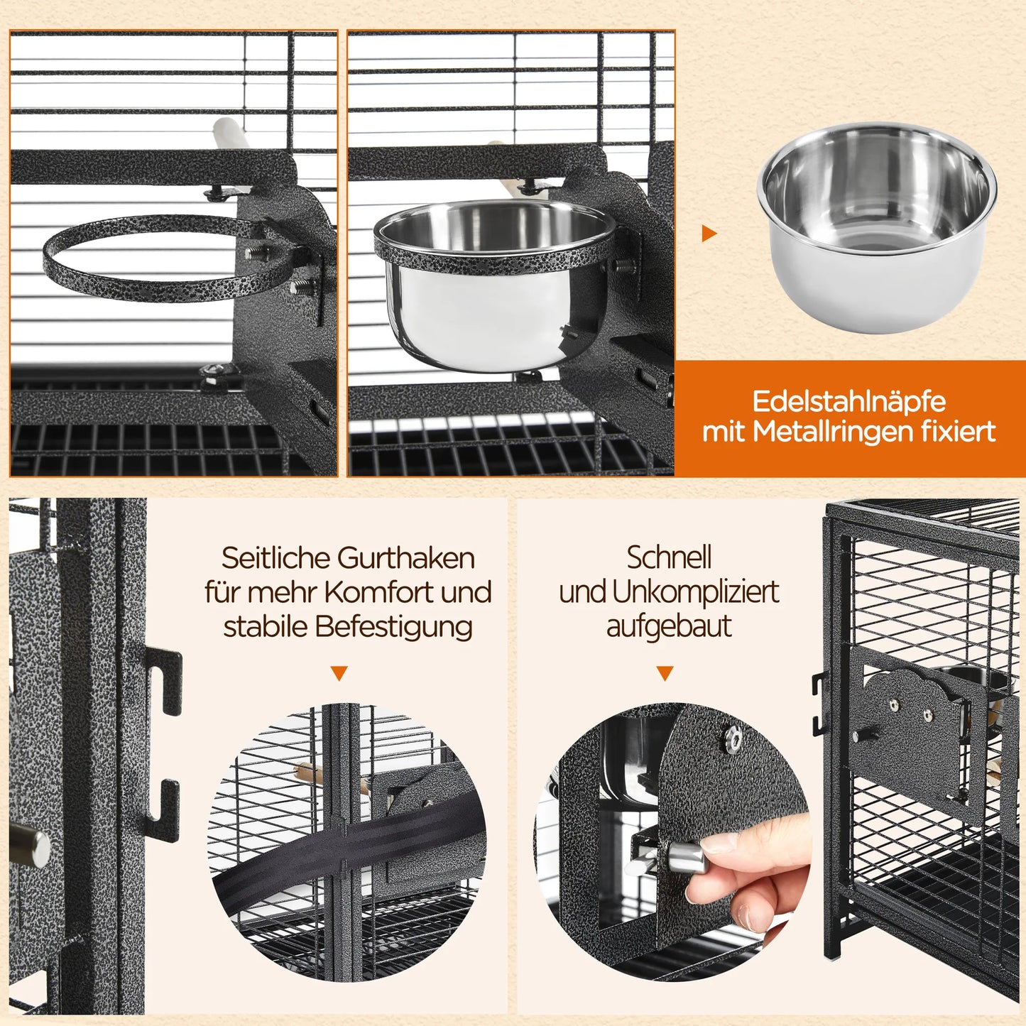 Yaheetech Vogelkäfig mit Griff - mit hölzernen Sitzstangen und wasserabweisende Beschichtung und abschließbare Tür - für Kanarienvögel und Wellensittiche - schwarz Metall Kunststoff und Holz - 48,5 x 39 x 65 cm