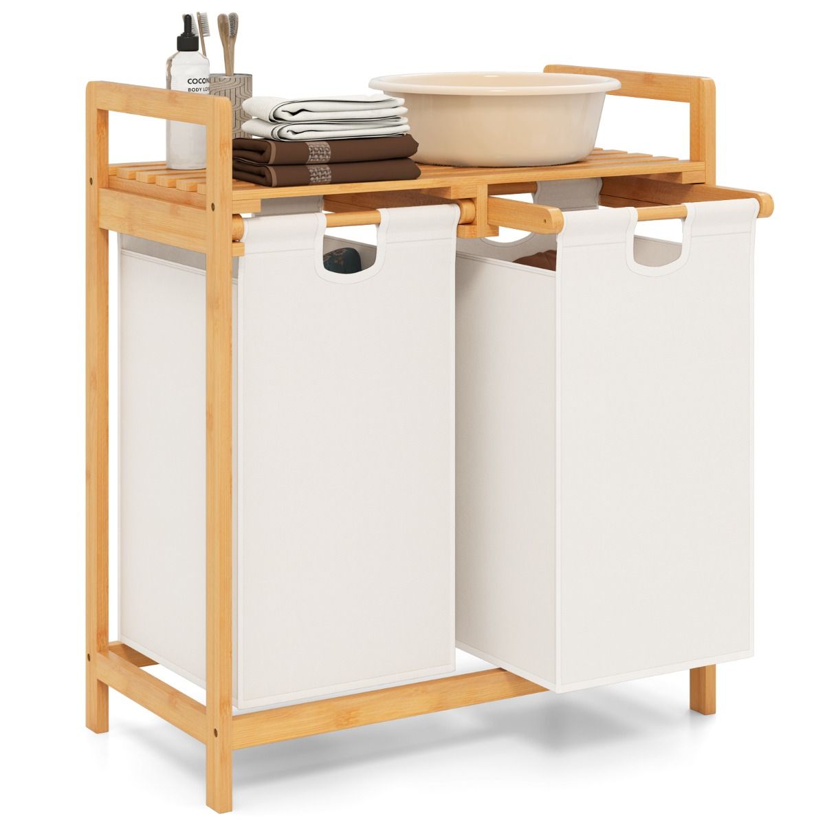 Coast Bambus-Wäschekorb 2-teilig 64x33x73cm mit zwei herausnehmbaren Wäschesäcken, oberes Regal, Natur/Weiß