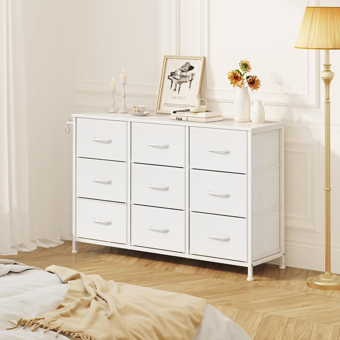 Leader Accessories Kommode mit 9 Schubladen aus Stoff für Flur und Wohnzimmer – 100 x 30 x 65 cm – Weiß