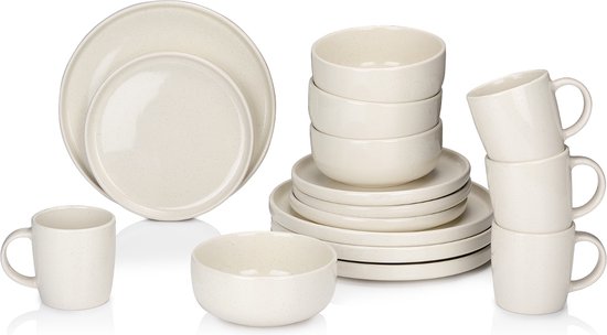 alpina Geschirrset 16-teilig - Tellerset 4 Personen - Steingutgeschirr - Frühstücksteller, Essteller, Schüsseln und Becher - Mikrowellen- und spülmaschinenfest - Creme