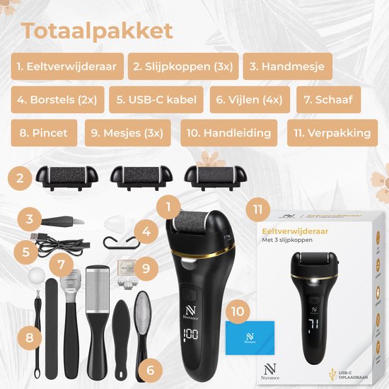 Nuvance Hornhautentferner – Elektrisches Pediküre-Set – 18-teilig – Elektrischer Hornhautentferner – Fußfeile – Professionell – Schwarz