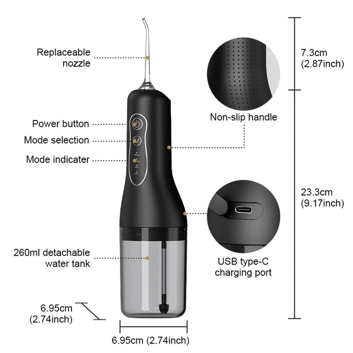 Sunluxy Kabellose Munddusche L5 – Schwarz – 140 PSI – 4 Stufen – 260 ml Tank – 5 Aufsätze – IPX6 – 7,4 x 7 x 24 cm