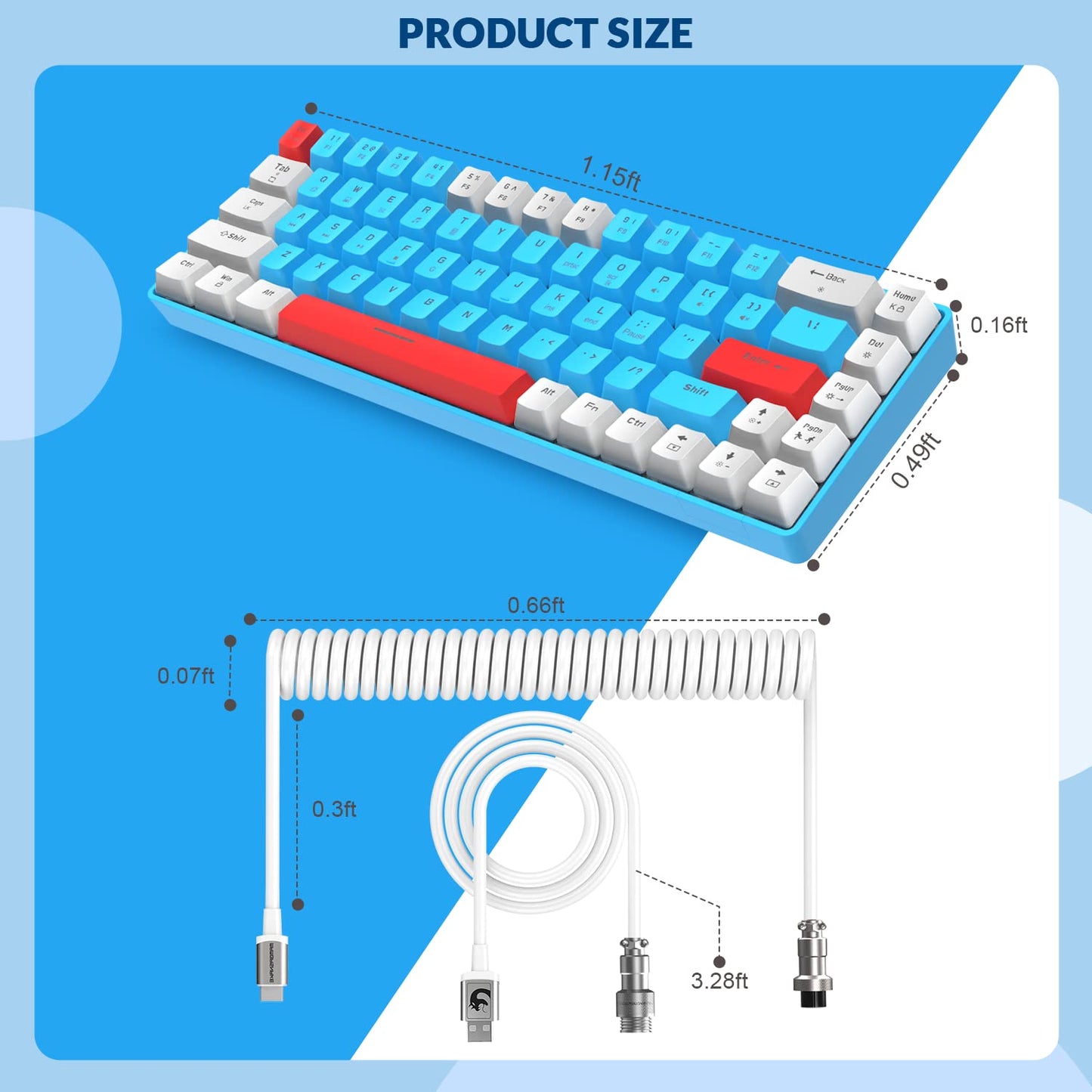 YINDIAO T8 60 % Gaming-Tastatur, 68 Tasten, kompakt, kabelgebunden, mechanische Mini-Tastatur mit 18-farbiger Chroma-RGB-Hintergrundbeleuchtung, rote Schalter, USB-C-Spiralkabel, für PC, Mac – hellgrau