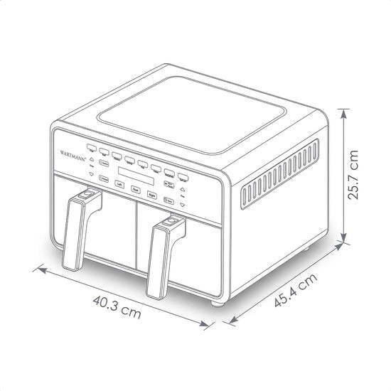 Doppel-Heißluftfritteuse XXL 11 l - PFAS-freie Heißluftfritteuse – Infrarot – Dual Zone – 2 x 5,5 l – 40–200 °C – 8 Kochprogramme – 2850 W – WM-2511 AF – Schwarz