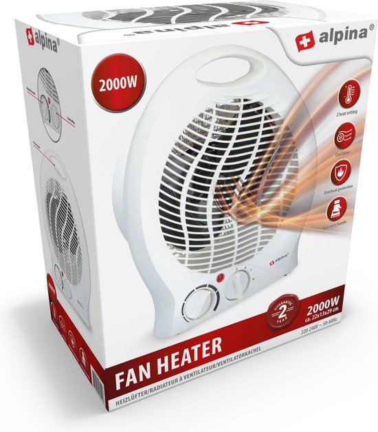 alpina Heizlüfter - Tragbar - 2000 Watt - 2 Heizstufen - Überhitzungsschutz - Weiß
