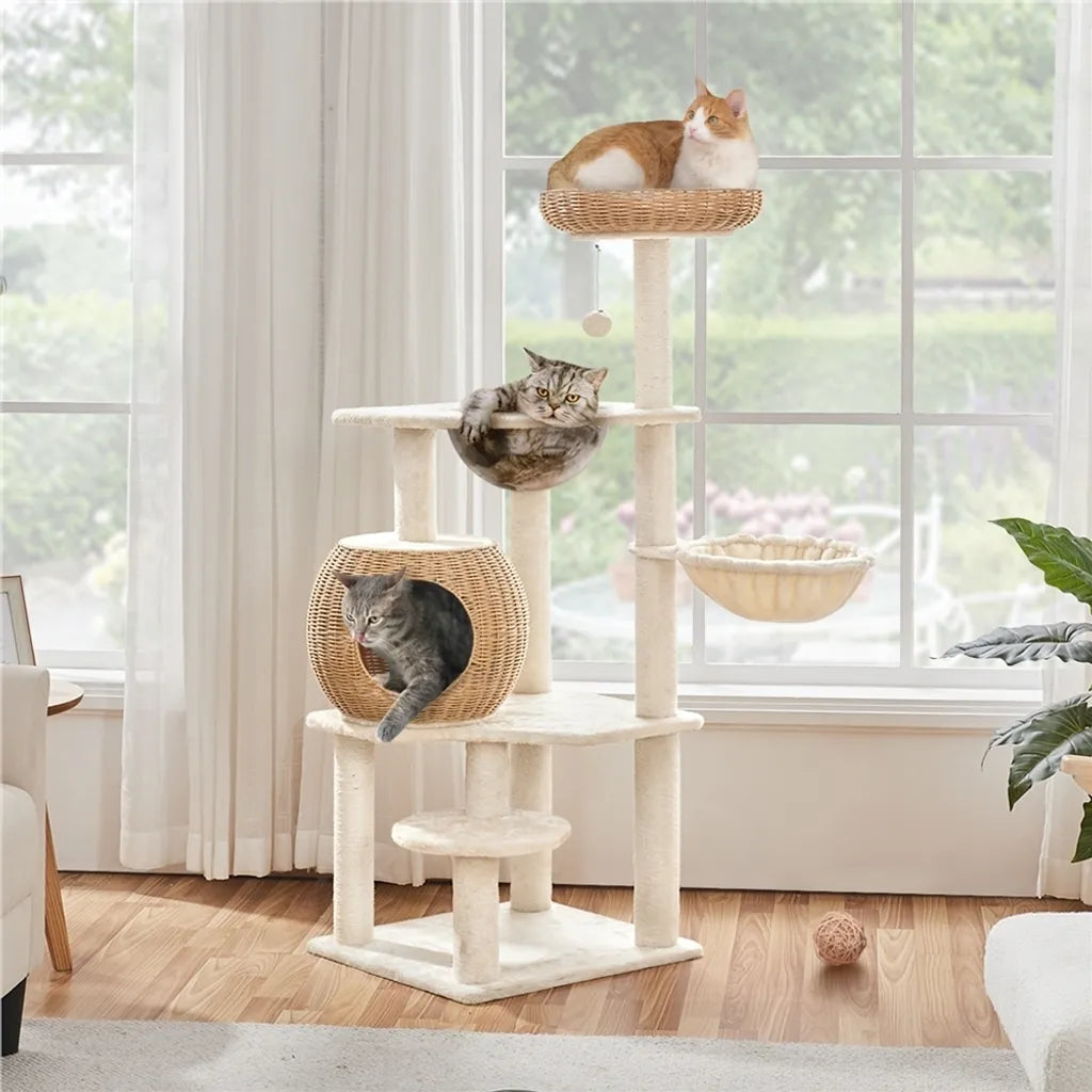 Yaheetech Kratzbaum 137,5 cm aus Rattan mit Katzenhaus, beige
