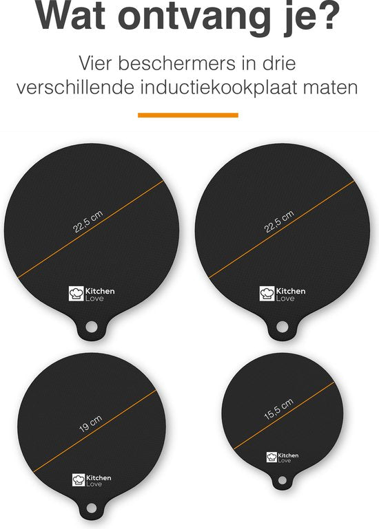 KitchenLove Induktionsschutz - Matte rund - 4 Stück 3 Größen - Pfannenschutzmatte - Hitzebeständig bis 240°C - Schwarz