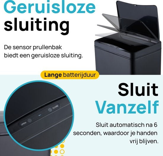 MOA Prullenbak met Sensor - 50 liter - Afvalbak - Vuilnisbak RVS & duurzaam ABS - Non-slip - Geruisloze deksel - Vertraagd sluiten modus - Zwart - SB02B