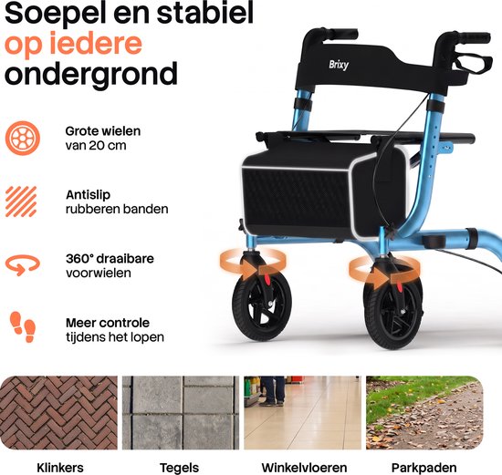 Brixy Rollator – Leicht & zusammenklappbar – 360°-Gummiräder – Sitzfunktion – Für drinnen und draußen – Rückenlehne, Tasche & Gehstockhalter – Blau