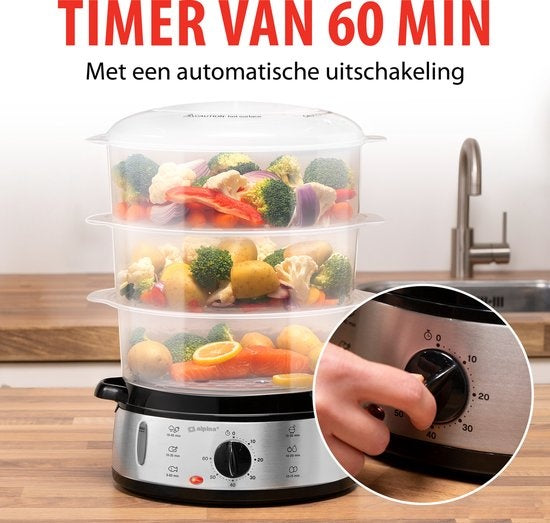 alpina Dampfgarer 9L - 3 Schichten - BPA-frei - Warmhaltefunktion - 800W - Edelstahl