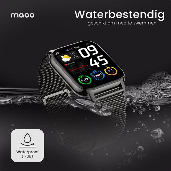 Maoo Amplify 2 Smartwatch Damen und Herren - Geeignet für Android und iOS - Silikon & Milanese Band - WhatsApp Kompatibel - Volle Belfunktion - Multisport - Herzfrequenzmesser und Blutdruckmesser - Schlafmonitor - Valentinstag Geschenk - Schwarz