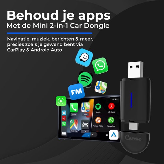 CarMe Mini 2-in-1 CarPlay Dongle - USB-A & USB-C - Drahtloses CarPlay & Android Auto - Android Auto Dongle - Schwarz