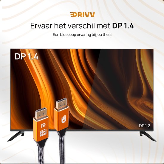 Drivv. Displayport-Kabel - 8K 60Hz - 4K 144 Hz - 32.4GBps - Displayport 1.4 - DP-Kabel - 2 Meter - Orange