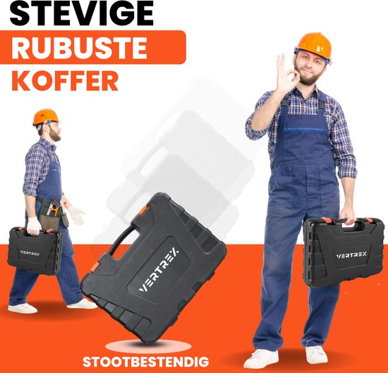 Vertrex Werkzeugkoffer gefüllt - Werkzeuge - Werkzeugsatz - Werkzeugkoffer - Schraubendrehersatz - Bandmaß - Bandmaß - Hammer - Bitsatz - Inbusschlüsselsatz - Spannungsprüfer - Säge - Stanley-Messer