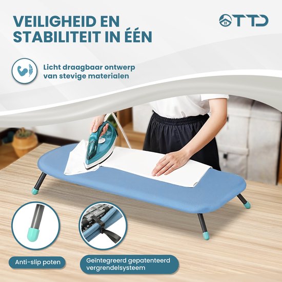 TTD® Faltbarer Bügeltisch ohne Faltleine - Inklusive Bügelbrett und Aufhängeschlaufe - Mini-Bügeltisch mit Bügeleisenhalter - Faltbarer Tisch-Bügeltisch - Kleiner faltbarer Bügeltisch