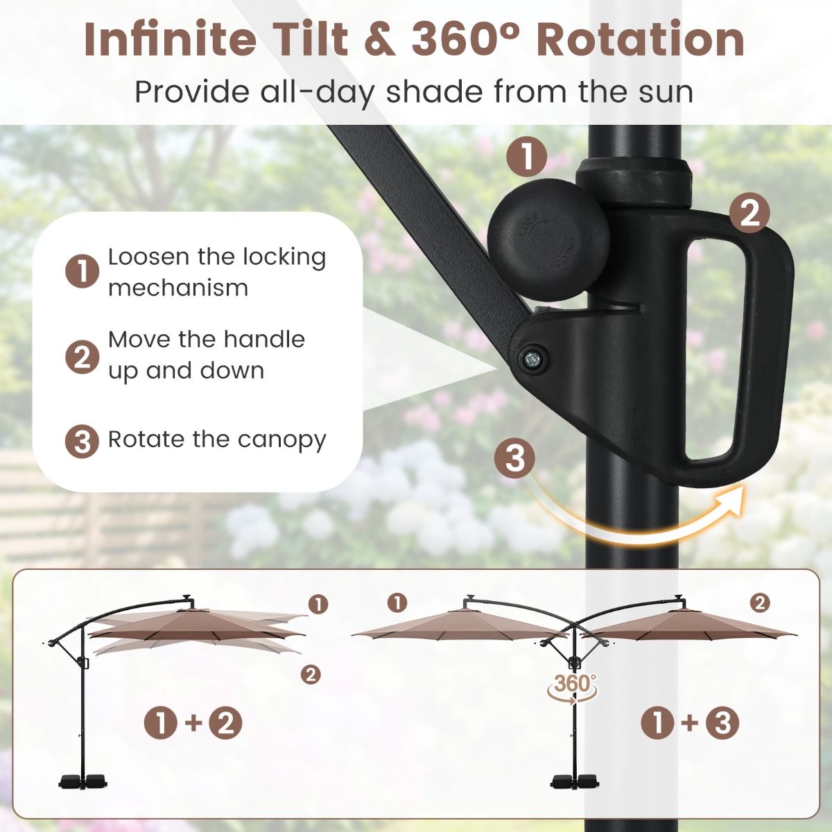 Coast Schwebeparasol mit LED-Beleuchtung – 9 Leuchtmodi – mit Sandsäcken und Pendel – braun – 300 x 260 cm