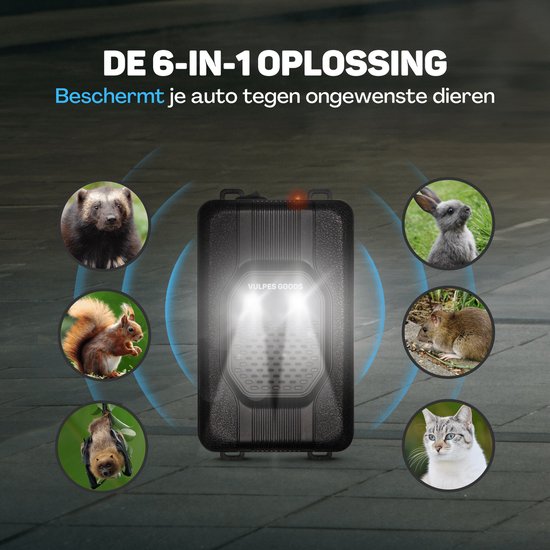 Vulpes Goods® Repellent Marderabwehr - Schädlingsabwehr - Multifunktionsset Indoor & Outdoor - Batterien, 12V & Autobatterie - Marder, Mäuse & Ratten - Steinmarderabwehr PRO - inkl. Batterien