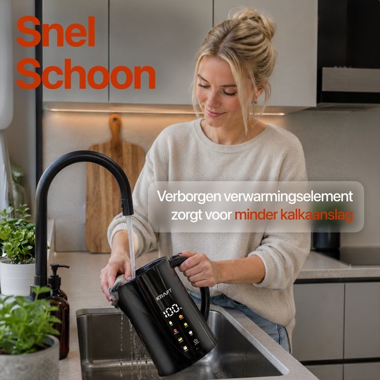 KRAFT Wasserkocher mit Temperaturregelung – 1,7 Liter – LED-Touch – Schwarz – 2200 W