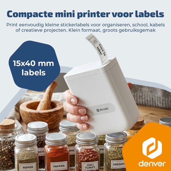 Denver Etikettendrucker – Bluetooth – Verbindung mit Smartphone – 15 x 40 mm – inkl. 4 Etikettenrollen – MBP16