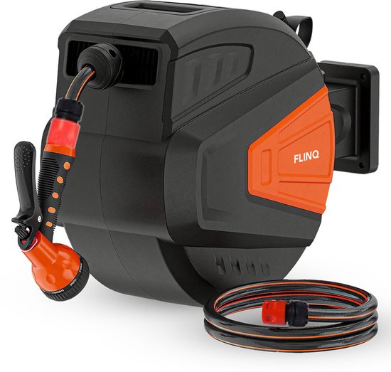 FlinQ Gartenschlauchaufroller 30 Meter – Automatischer Schlauchaufroller – Um 180° drehbarer Wandaufroller – Wandschlauchbox mit Gartenschlauch, Aufroller und Sprühkopf – 9 Sprühstufen
