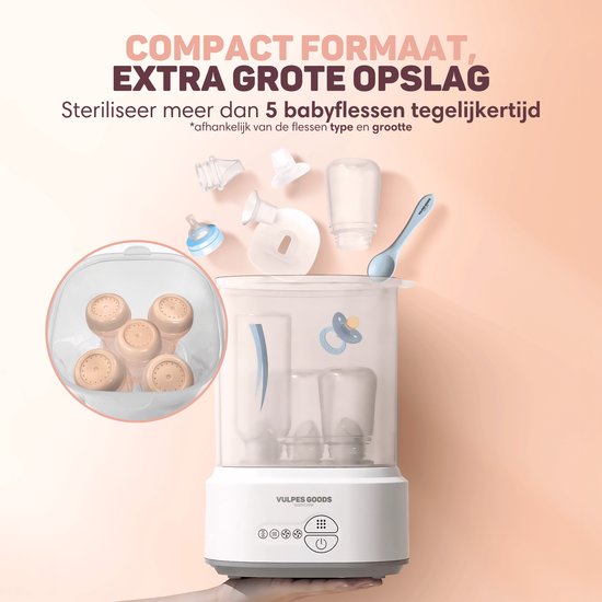 Vulpes Goods® Flaschen-Sterilisator - 5-in-1 Funktion - Mit Trocknungsfunktion & Warmhaltefunktion - Für Babyflaschen & Milchpumpen - BPA-frei - Kunststoff & Weiß