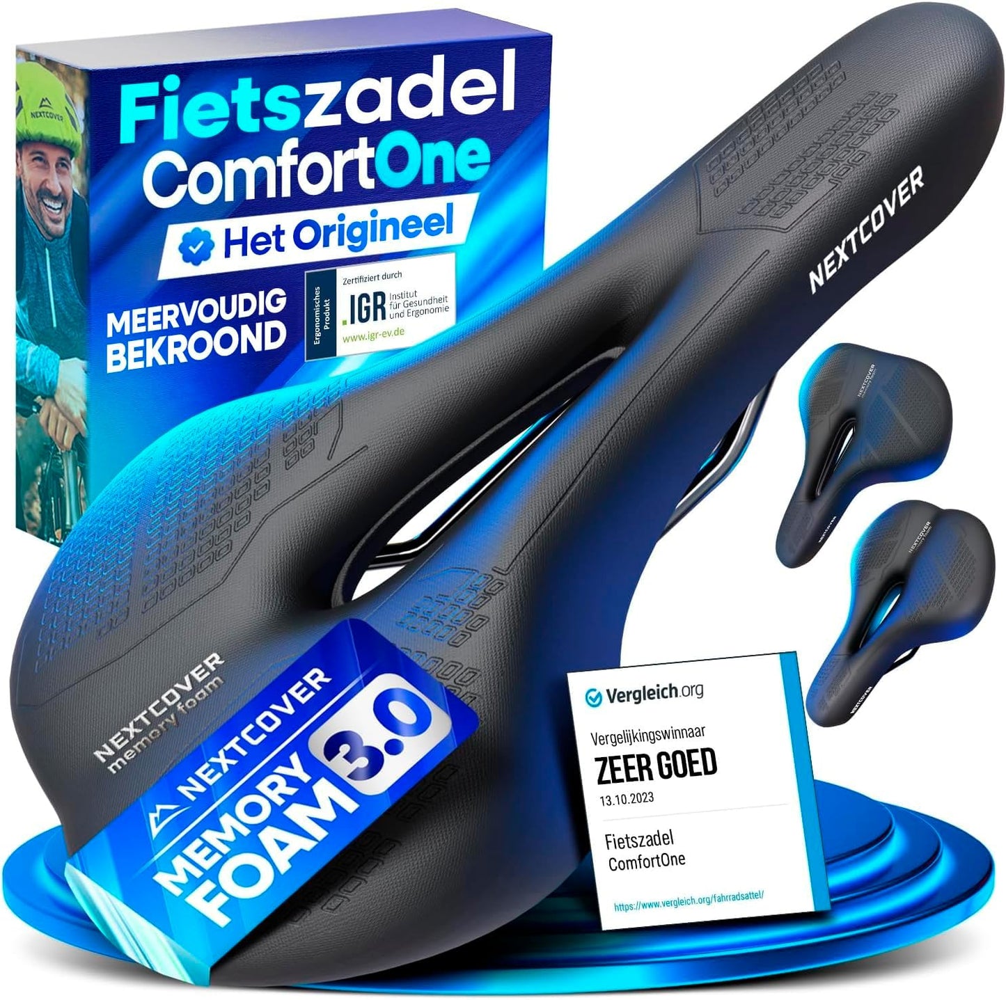 Nextcover Fahrradsattel mit Memory Foam 3.0 - Schwarz - 26 x 18 x 10 cm - Ergonomischer Komfortsattel für Citybike und MTB
