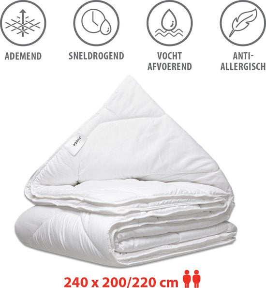 Alpina Bettdecke 240 x 200/220 cm – 4-Jahreszeiten-Bettdecke für zwei Personen – Maschinenwaschbar bei 40 Grad – Schnell trocknendes und atmungsaktives Material – Sommer- und Winterbettdecke – Polyester – Weiß