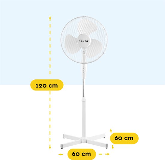 BRASQ Stativventilator - 40 cm - Weiß - Höhenverstellbar - 3 Geschwindigkeiten - 40 Watt
