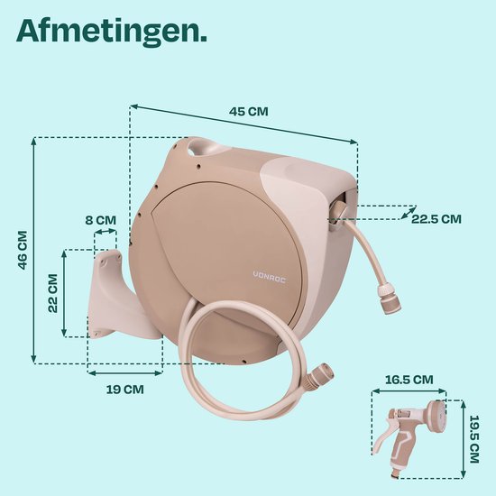 VONROC Automatischer Gartenschlauchaufroller – Gartenschlauchbox zur Wandmontage – inkl. 30 m Premium-Gartenschlauch, Spritzpistole mit 8 Sprühstufen und Anschlüssen – beige