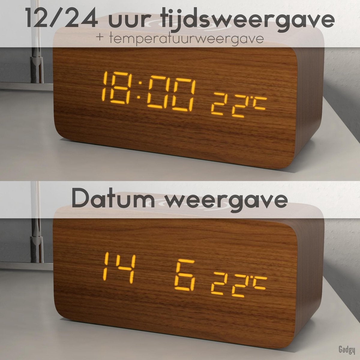 Gadgy Digitaler Wecker mit drahtlosem Ladegerät - Wecker aus Holz - Tischuhr - Wecker mit Temperatur, Datum und Uhrzeit