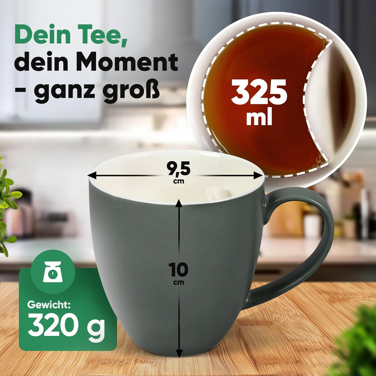 Neighbour's Friend Patentierte Teetasse grau mit Beutelablage I Keramik Tasse groß 325ml I Teebecher Steingut I Keramiktasse für Tee I Spülmaschinengeeignete Teetassen I Modernes Design für Teetrinker