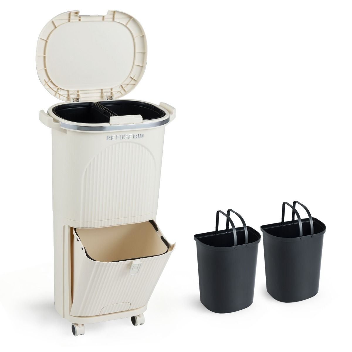 Coast Mülltrennungsbehälter auf Rädern – 3 Fächer – Pedal und Druckknopf – Beige – 38 Liter