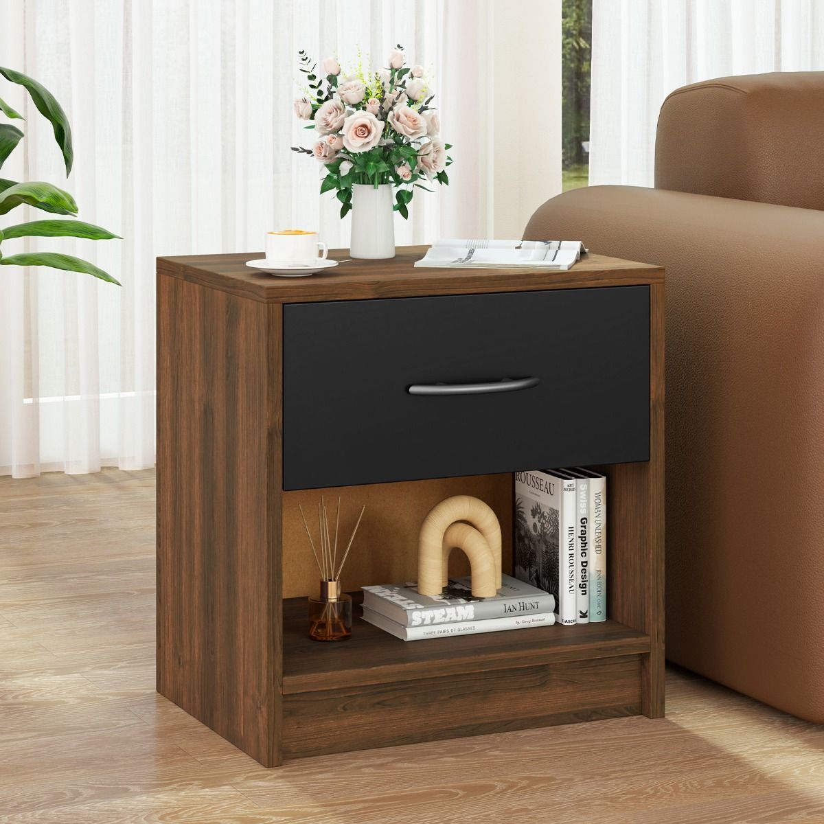 Coast Nachttisch – mit Schublade und offenem Ablagefach – kompaktes Design – braun und schwarz – 38,5 x 28 x 40,5 cm