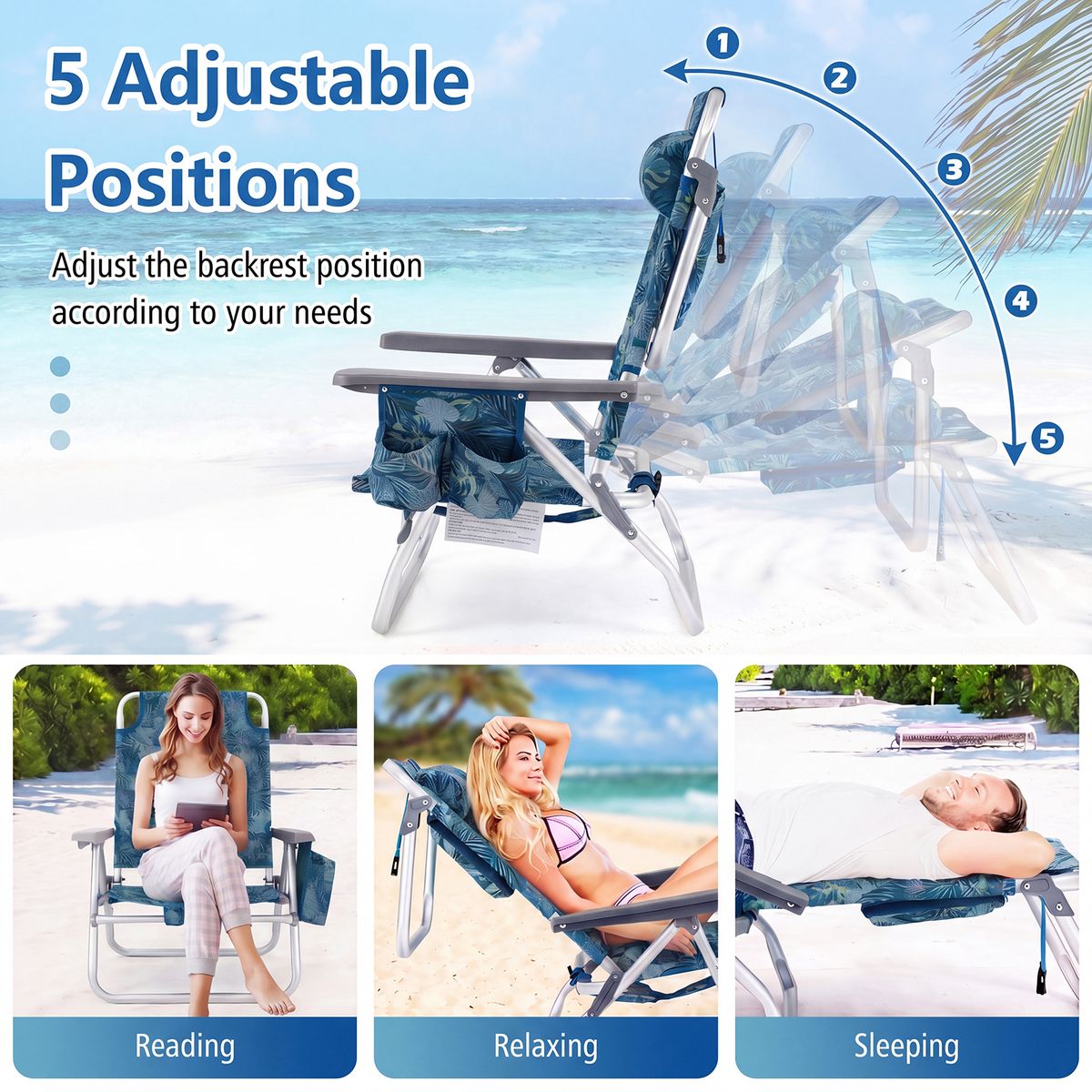 Coast Strandstuhl- und Tischset – 5-fach verstellbar – zusammenklappbar – blau – Set aus 2 Strandstühlen und einem Tisch