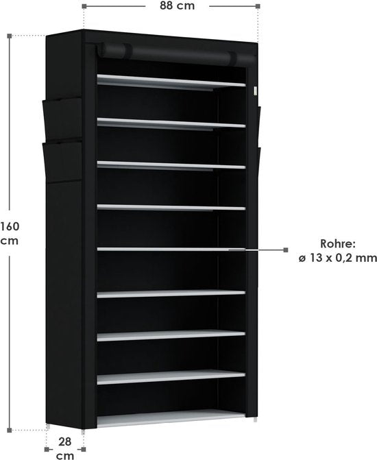 Schuhschrank / Schuhregal L - 9 Ebenen - Stoff - Schwarz - Inkl. Seitentaschen