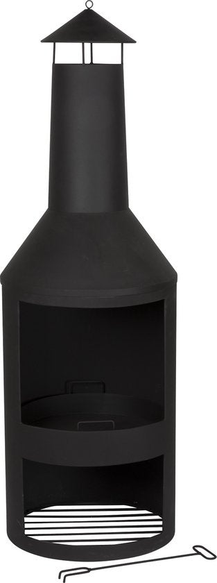 BBQ Collection Außenkamin - Outdoor-Ofen - mit Schornstein - 134 x 44,5 x 44,5 cm - mit Aschefänger, Schürhaken und Holzlager - Carbonstahl - Schwarz