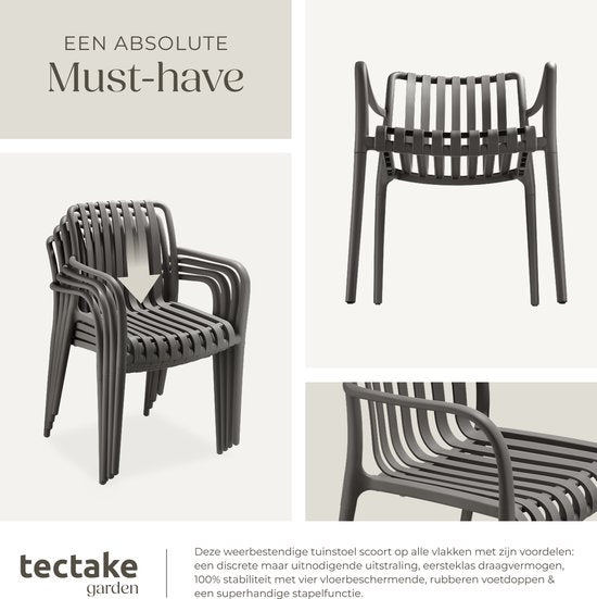 tectake® 2er Set Gartenstühle Alcudia - Anthrazit - Kunststoffstühle mit Armlehne - Gartenset für rund um den Gartentisch oder beim Camping Stapelbar - Stühle für Garten, Terrasse oder Balkon - Wetterfest und UV-beständig - Belastbarkeit 120kg pro Gartens