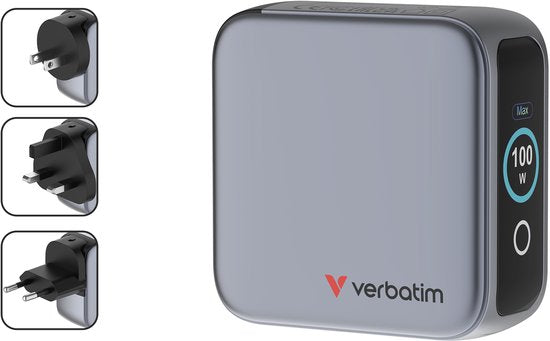Verbatim Mini-Gan-Ladegerät 100 W, 2 × USB-C, 1 × USB-A, QC, für Apple MacBook und iPhone