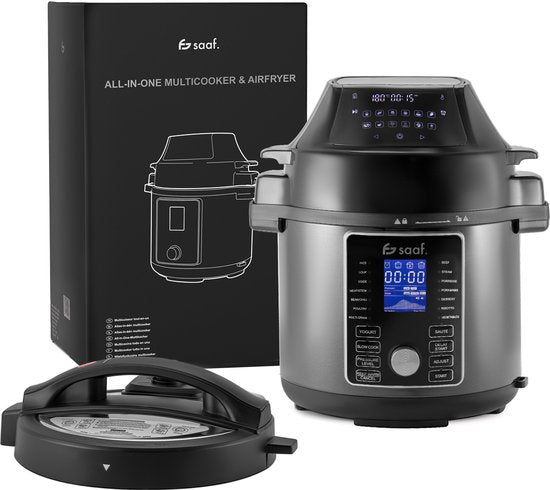 Multikocher mit Airfryer - 15-teiliges Set - 6L - 24 Automatikprogramme - Slow Cooker, Reiskocher, Dampfgarer, Schnellkochtopf - Grau - von Saaf