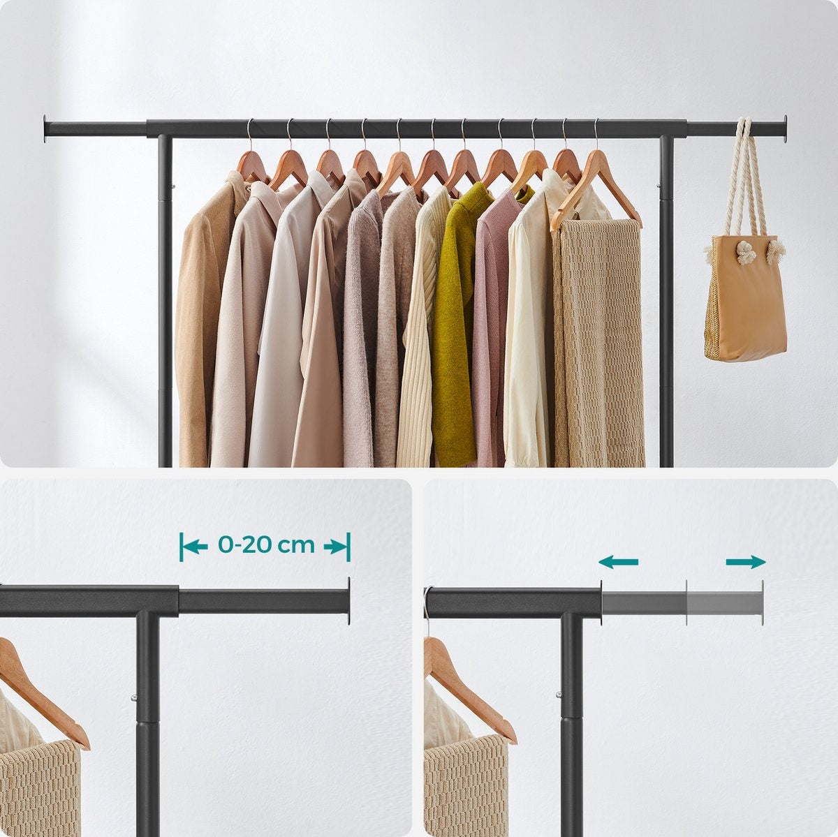 O'DADDYÂ® Kleiderständer auf Rädern - Garderobenständer - Ausziehbare Hängestange - Stabiles Design - Stabil bis zu 130kg- Metall - Schwarz