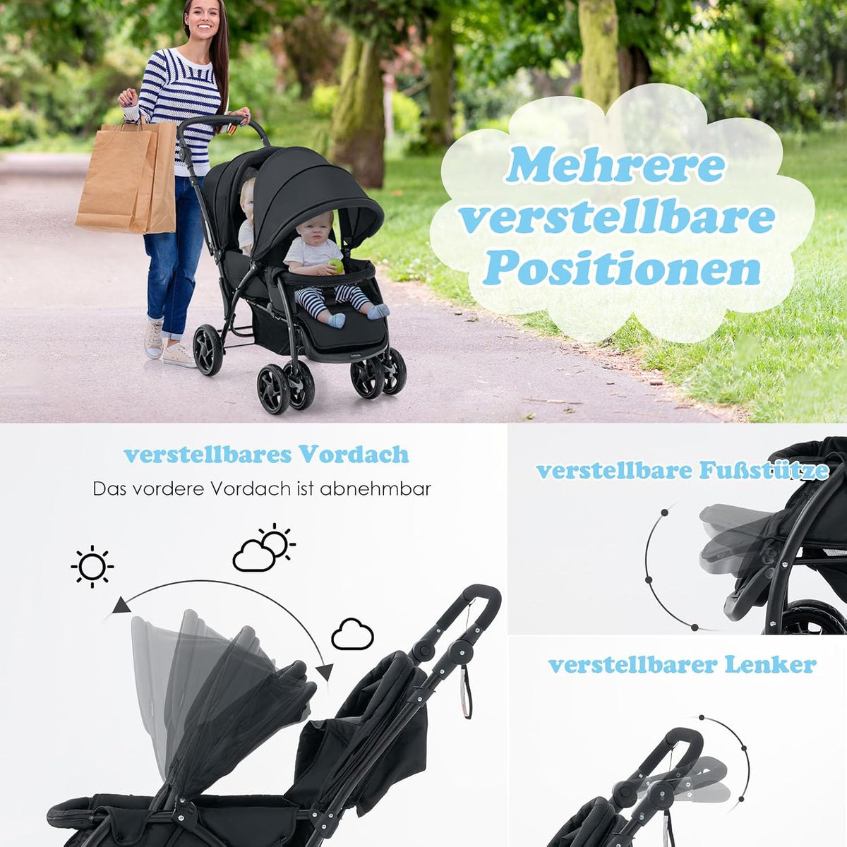 Coast Tandem-Kinderwagen für zwei Kinder – zusammenklappbar mit verstellbarer Rückenlehne – schwarz – Metall