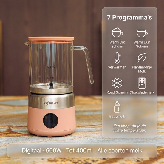 Safecourt Kitchen Glas-Milchaufschäumer - Elektrischer Milchaufschäumer - Glaskanne & PFAS-frei - Spülmaschinenfest - Pink