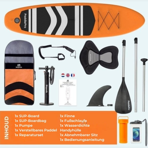 LifeGoods SUP Board - Mit Sitz - Aufblasbares Paddle Board - Komplettset - Max. 135KG - 320x81cm - Orange