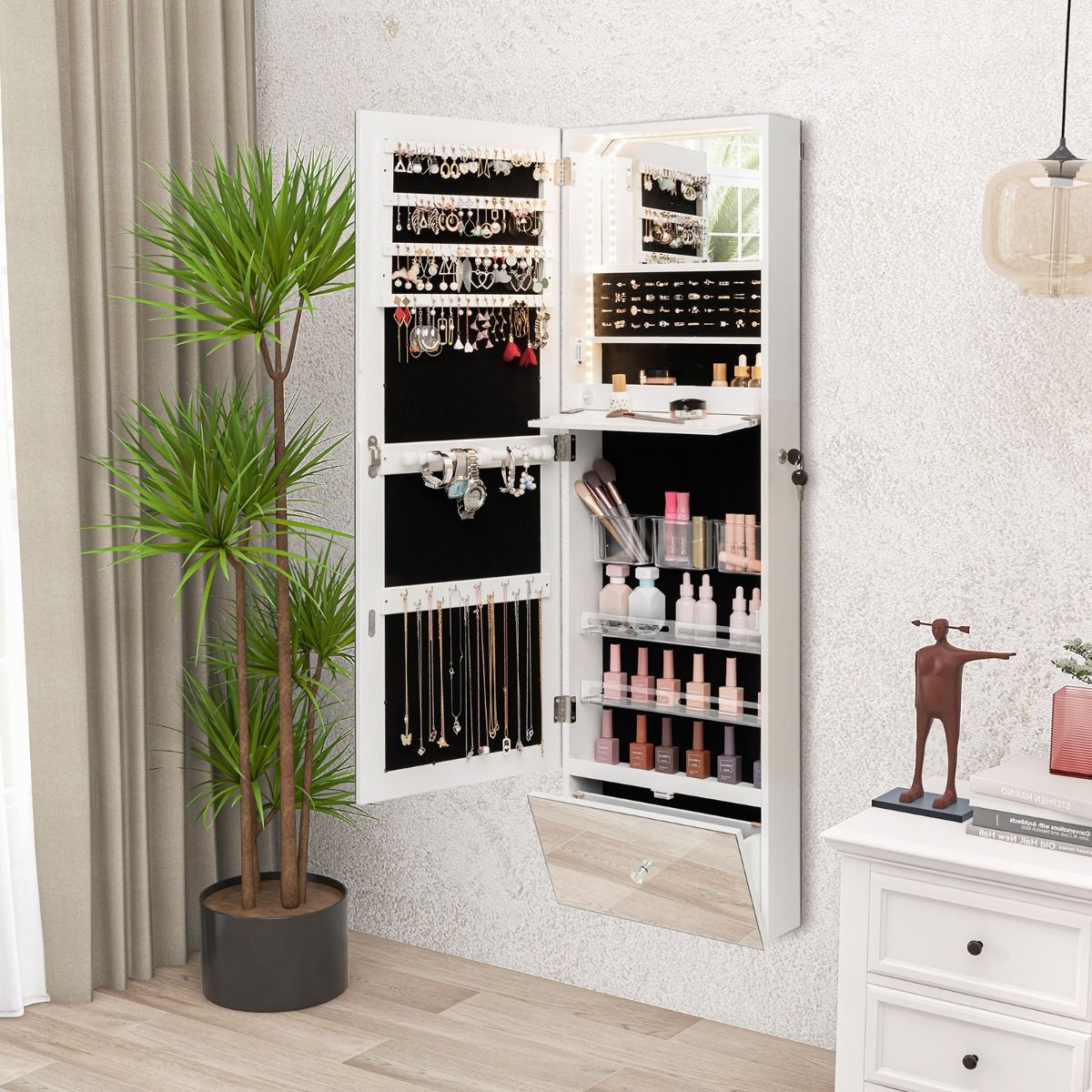 Coast Schmuckschrank - mit Spiegel - LED-Beleuchtung - 120 x 37 x 11 cm - Weiß