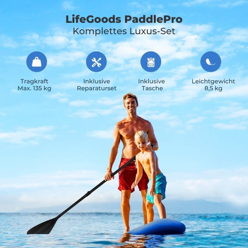 LifeGoods SUP Board - Deluxe Set - mit Sitz - Aufblasbares Paddle Board - Max. 135KG - 320x81cm - Blau