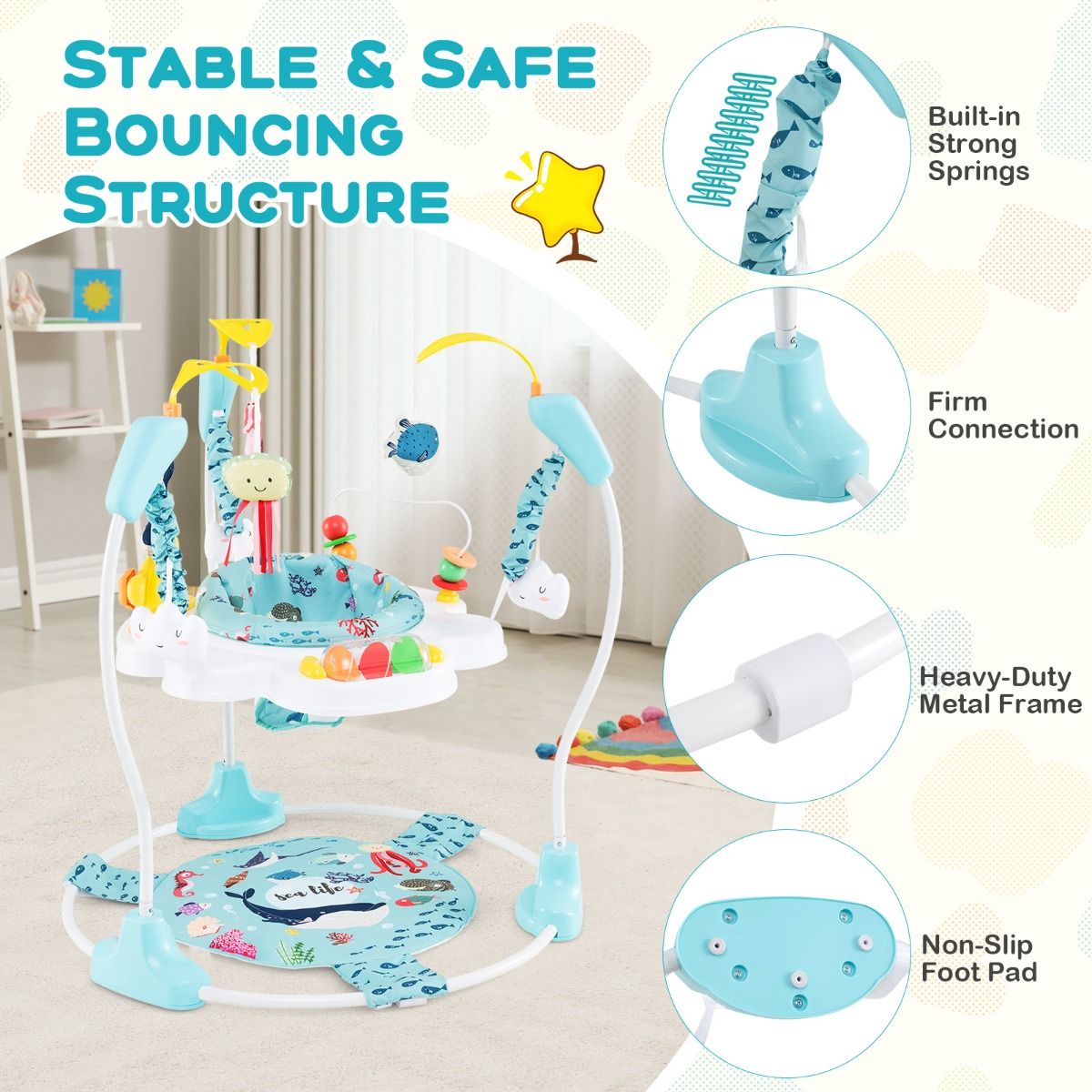 coast Baby Sky Jumperoo - Hellblau/Weiß - 87x87x94 cm - 3 Höhen, 360° drehbarer Sitz & interaktives Spielzentrum