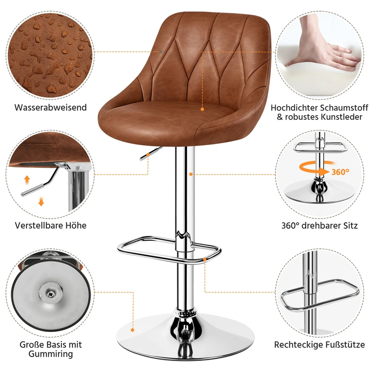 Yaheetech 2er-Set verstellbare Barhocker / Barstühle 86–107,5 cm – stilvolles Braun – Kunstleder und Metall