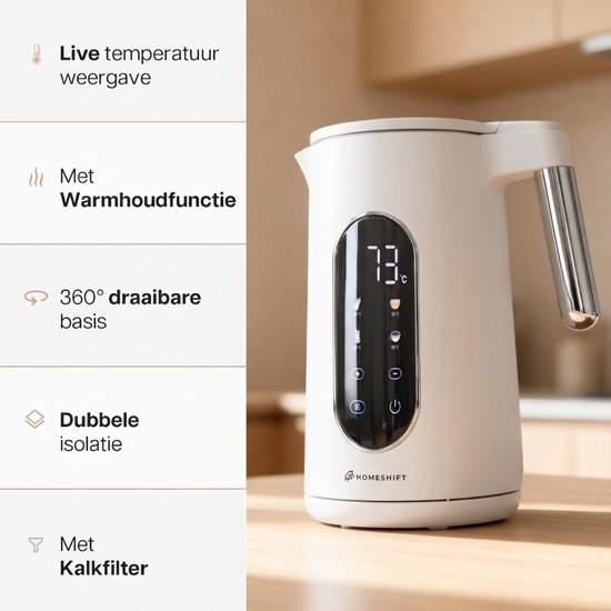 HomeShift® Wasserkocher mit Temperaturregelung – Warmhaltefunktion – doppelwandig – elektrisch – 1,7 Liter – 2200 W – weiß