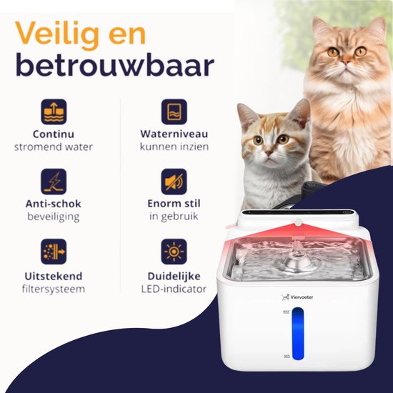 Viervoeter Kabelloser Trinkbrunnen aus Edelstahl – Sensor-Trinkbrunnen für Katzen und Hunde – Inklusive Filter – 3,2 l – 30 Tage Batterielaufzeit – Flüsterleise – Weiß
